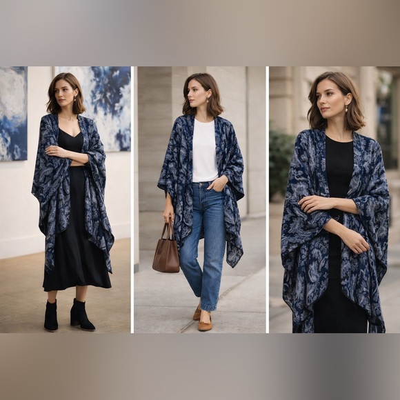Accessories - 100% Cashmere Jacquard Shawl Kimono Wrap Blue Floral Paisley Pashmina